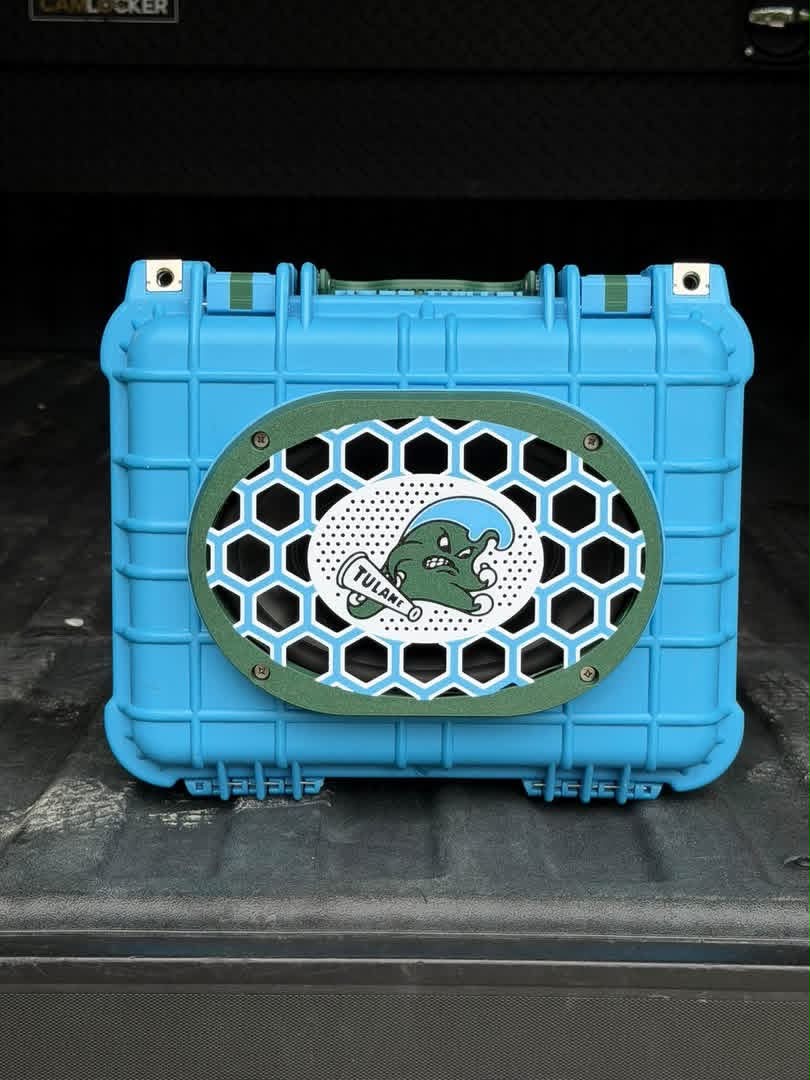Blue rugged outdoor speaker with custom Tulane grille